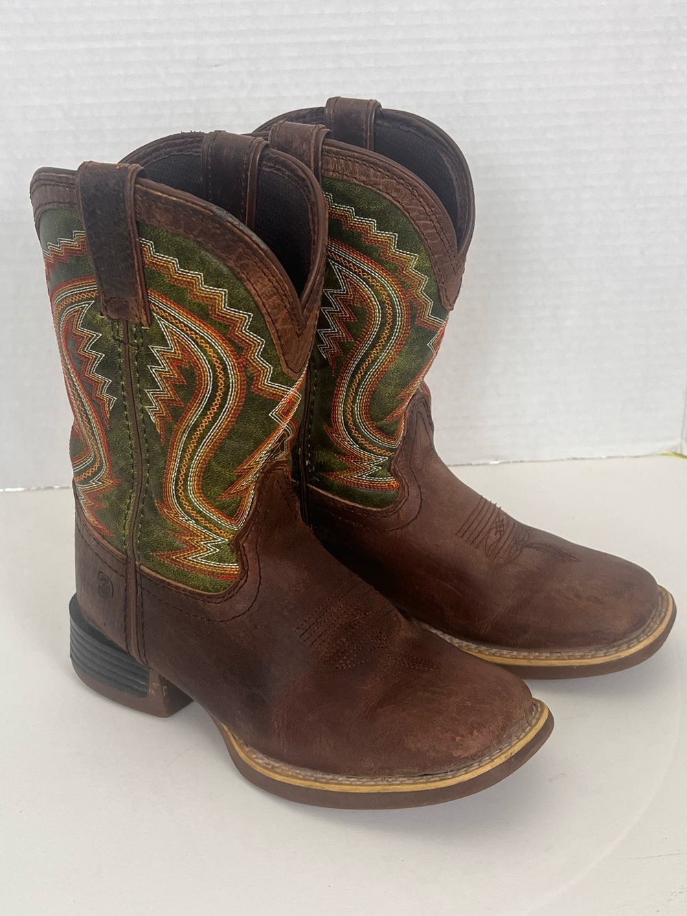 Durango Kids Western Boots Boys 13 Brown Green Leather Cowboy Rodeo Farm 8” - Picture 4 of 10